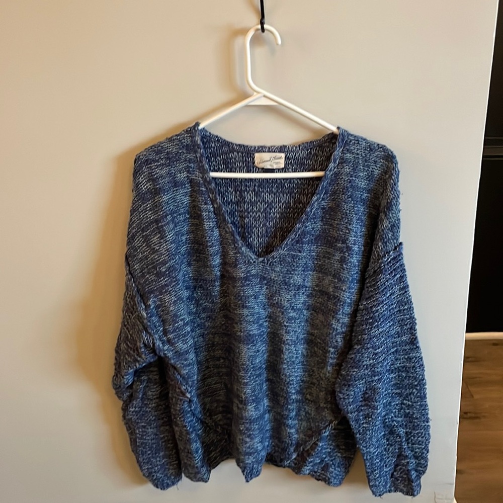 Blue Marled Knit V-Neck Sweater | Size L